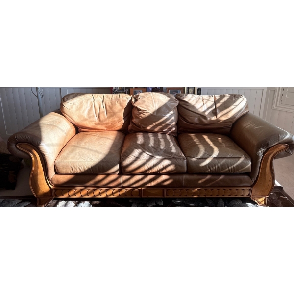 Genuine Leather 3 Seat Sofa w/ Oak Base 93x37x36
