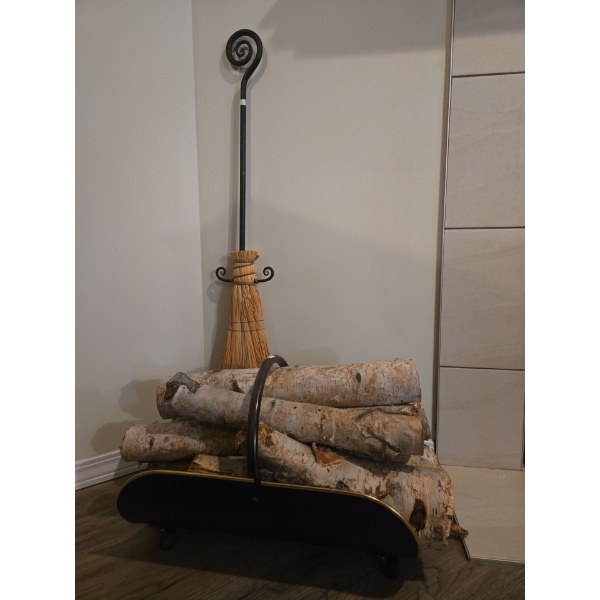Adorable Fire Log Holder w/ Birch Logs & Lovely Straw Broom 