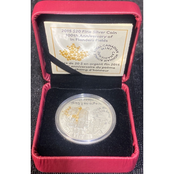 2015 $20 100th Anniversary of in Flanders Fields Fine Silver Coin 31.39 Grams