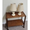 Image 2 : Pair of Ceramic Lamps 14 T w/ Linen Shades and 2 Shelf Trolley 24 W, 12 D, 22 T 