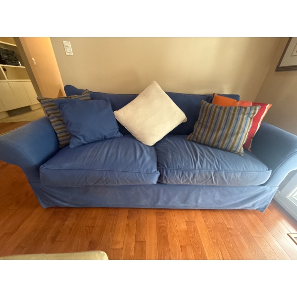 Blue Upholstered Sofa with Pillows, Purchased from Mackellrans