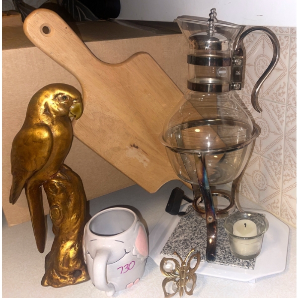 Bronze Parrot Figurine 12T w/  Decorative Silver Plated Jug & Stone Trivet