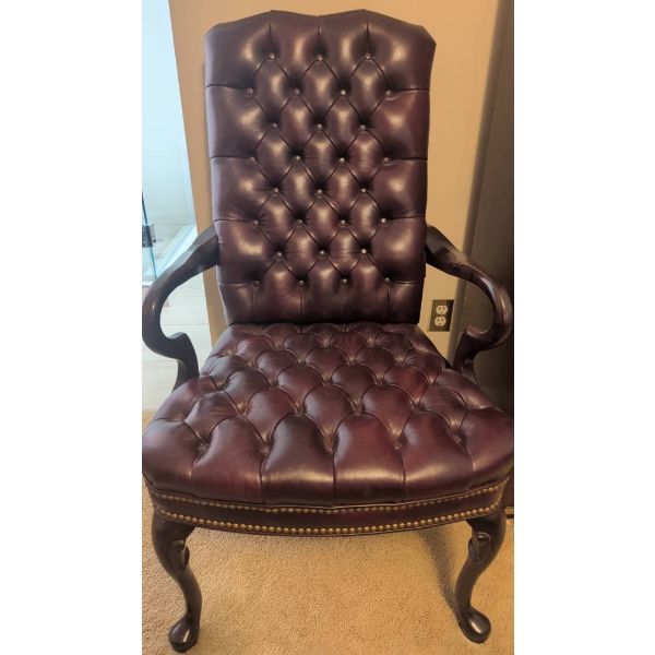 Tufted High-Back Genuine Leather Armchair with Mahogany Frame