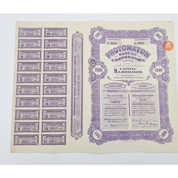 Vintage Document Is A Share Certificate For The Photomaton Parent Corporation Limited, Dated 1928. 