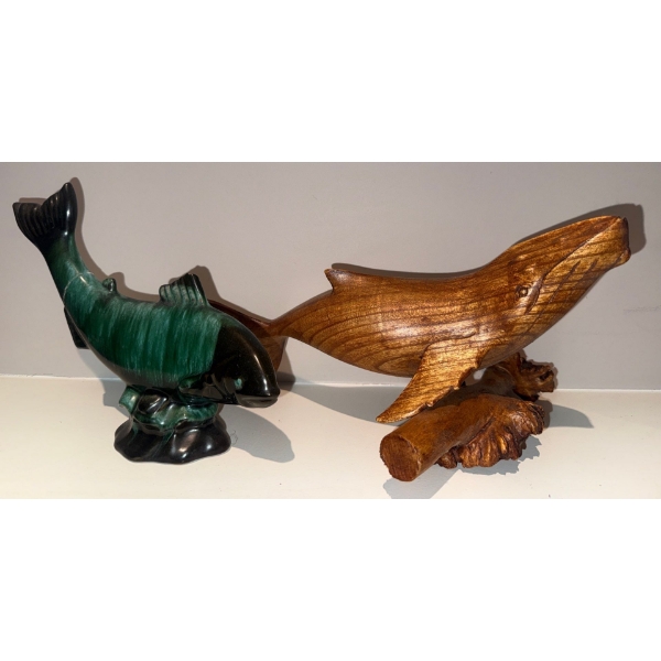 Carved Rosewood Aquatic Creature w/ Blue Mountain Pottery Figure (Has Been Repaired) 