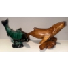 Image 1 : Carved Rosewood Aquatic Creature w/ Blue Mountain Pottery Figure (Has Been Repaired) 