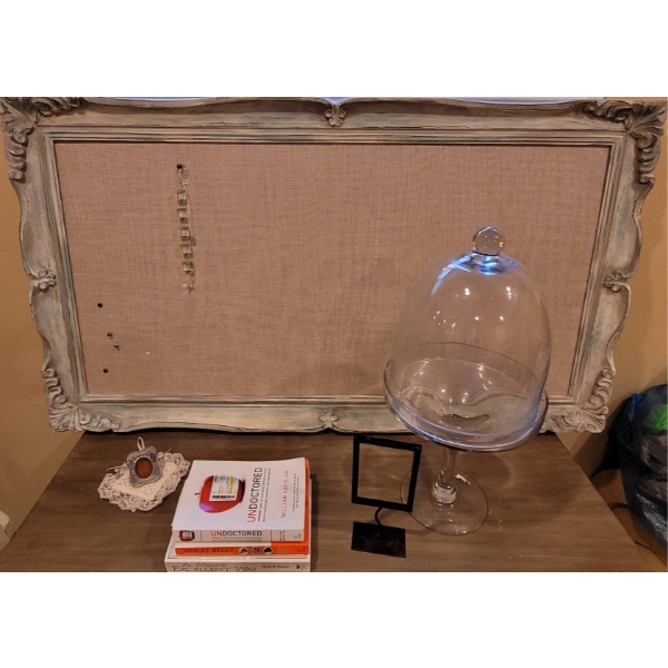 Decorative Items: Ornate Pinboard, Cloche, Books, Photo Frame