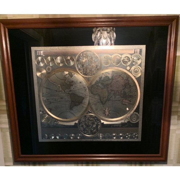 Framed Metallic World Map by Peter Schenk the Elder 1645-1715 -- 25x28   & Vintage Cuckoo Clock 