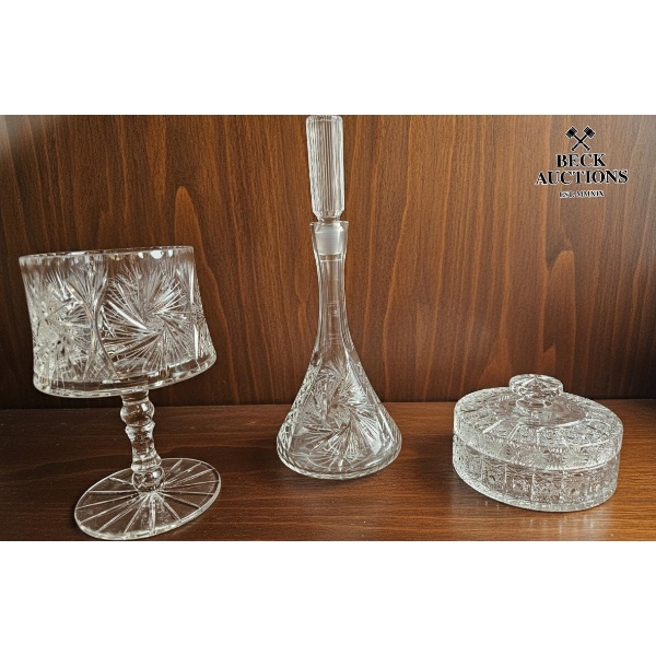  Vintage Crystal Collectibles,  Includes A Matching Decanter, A Footed Bowl, And A Lidded Container.