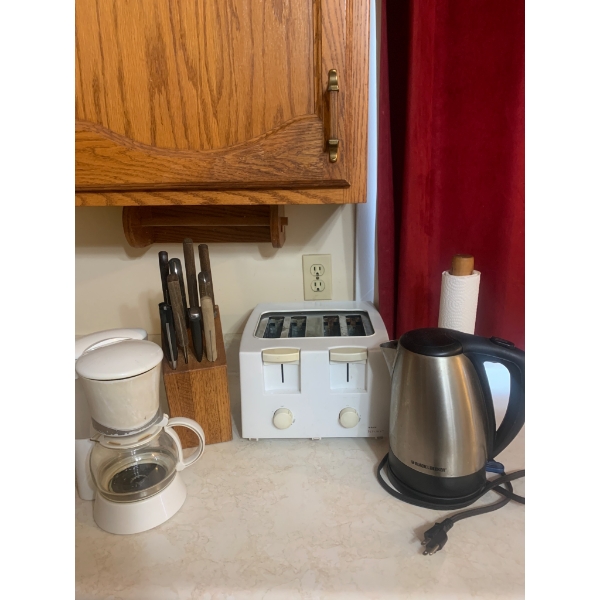 Kitchen Appliance and Accessory Lot with Toaster, Electric Kettle, Coffee Maker, Knife Block