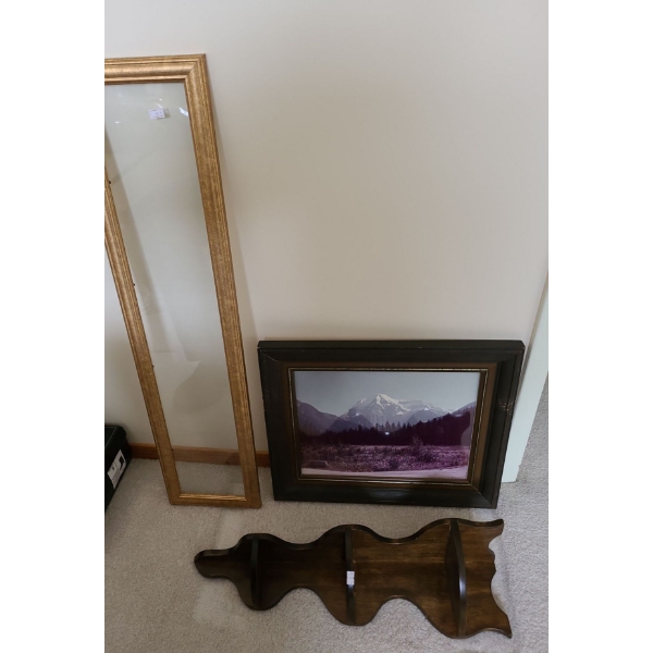 Wooden Wall Shelf, Framed Mountain Photo, Golden Frame (34T)