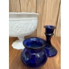 Image 2 : Vintage Milk Glass Pedestal Compote Bowl w/ Vases, and Cobalt Blue Decorative Glassware Pieces 