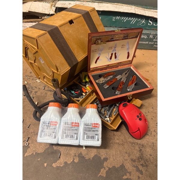 Tools, Storage Chest, and Accessories Including Drill Set and Multi-Tool Kit