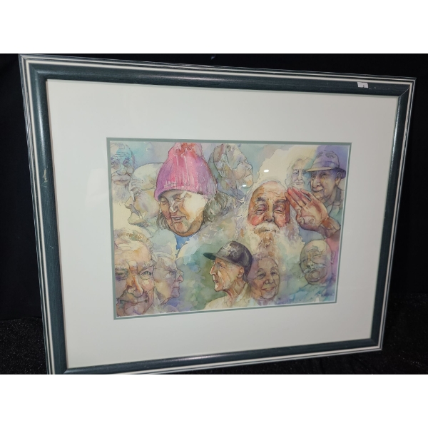 Untitled: Faces, Artist: David Kieller, Watercolor Framed Under Glass 29 X 24