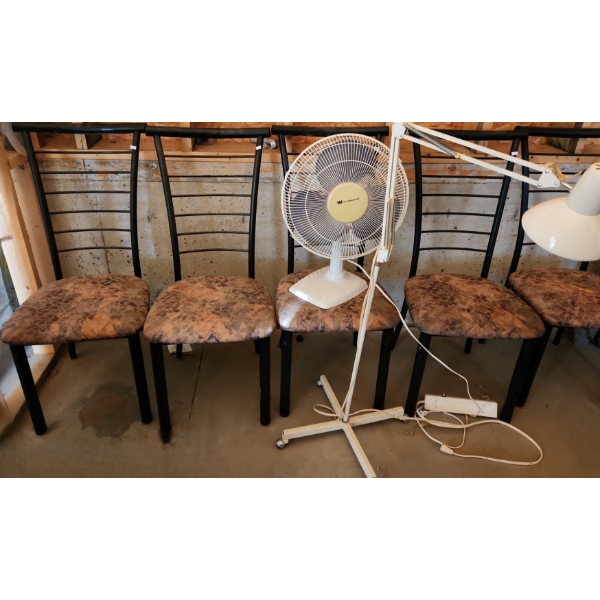 Five Chairs 18 W, 16 D, 39 T, Metal Worklight 48 T (w/ Arm Horizontal), White Westinghouse Table Fan
