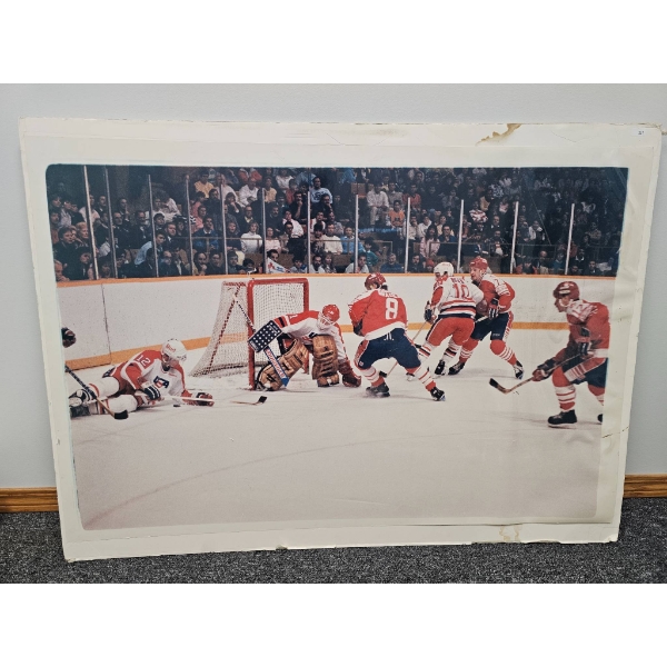 Vintage Hockey Print Depicting Intense Ice Hockey Game Action