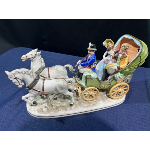 Foreign Hand Painted " Horse Drawn Carriage Ride" Porcelain Figure 16Lx9H