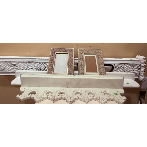 Wood Cabinet with Four Drawers, Shelf, and Ornate Wall Trim