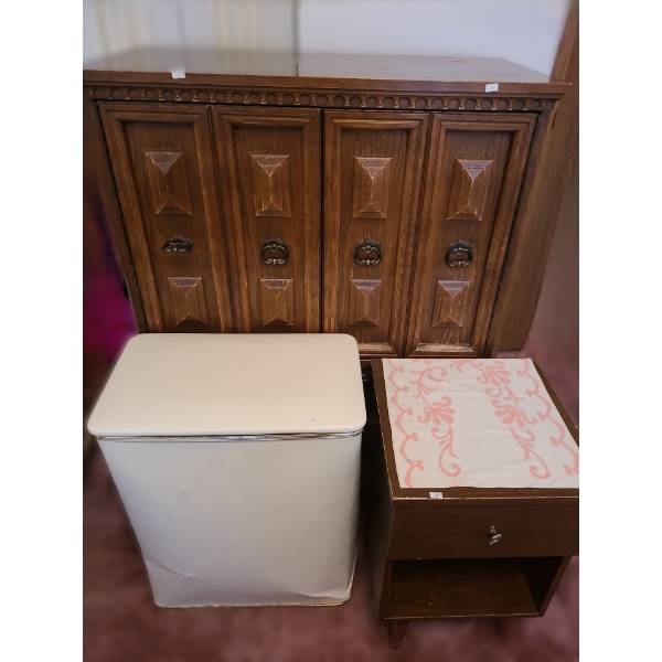Armoire 35 W, 18 d, 47 h, Vintage Hamper 20.5 w, 12 d, 25 h, Nightstand 16 w, 16 d, 23.5 h