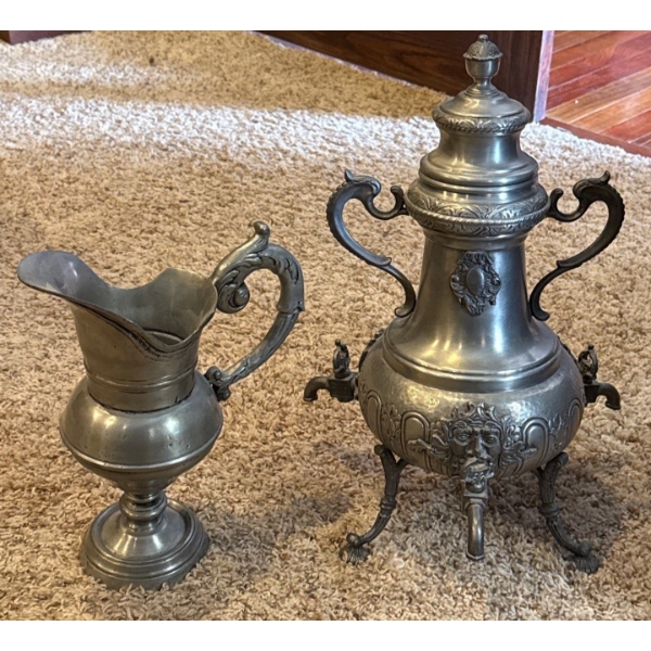 95% Reines Zinn Pewter Rare Three Top Samovar (17T)  w/ Vintage Solid Metal Pitcher 