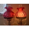 Image 5 : Cranberry Glass Table Lamps with Crystal Prisms and Ornate Metal Bases