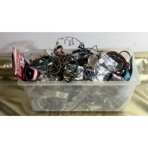 Costume Jewelry in Plastic Storage Bin