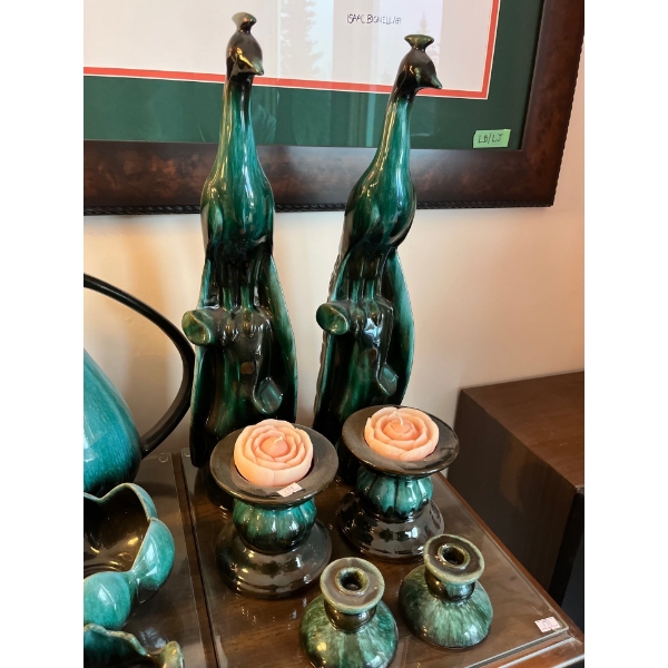 vintage mid-century modern Blue Mountain Pottery 

Two large peacocks, two medium size candle holder