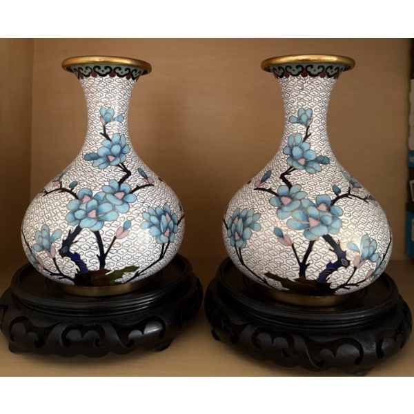Intricate Enamel Cloisonne Vase Pairing w/ Rosewood Pedestals 12T 