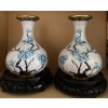 Intricate Enamel Cloisonne Vase Pairing w/ Rosewood Pedestals 12T 