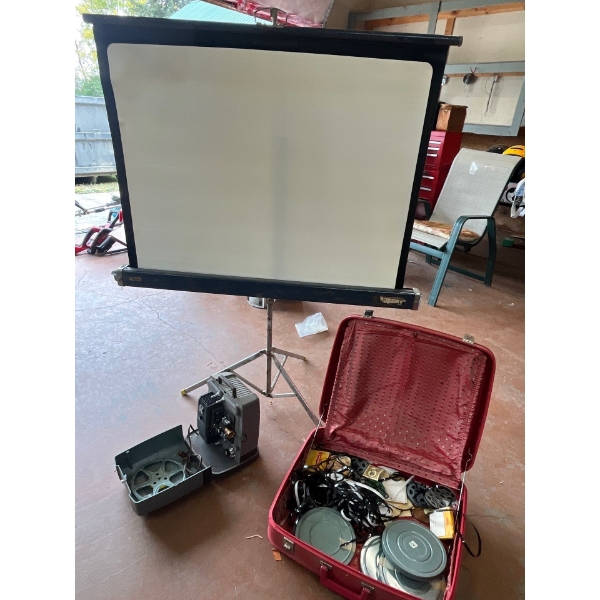  antique 8mm projector with film and collapsing screen