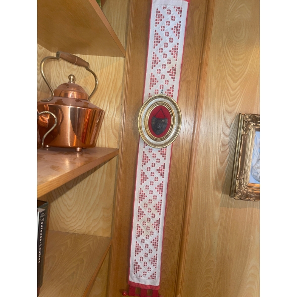 Relic of St.Anne Antique French Velvet Plaque w/ Small Narrow Wall Tapestry