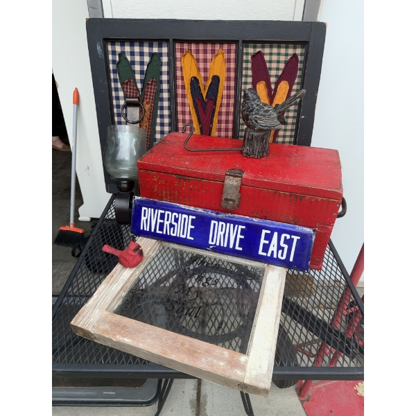 Lot: Metal Street Sign, Decorative Birds, Lantern, and Framed Text Panels