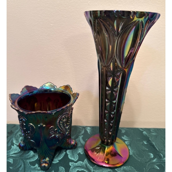 Fenton Smoke Carnival Glass Vase & Footed Trumpet Vase w/Ruffled Rim