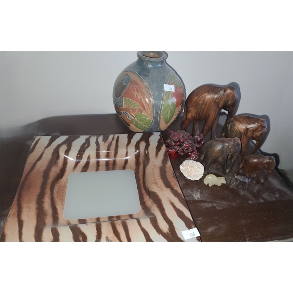Tiger Pattern Frame 9.5 X 10 Total Size, Carved Wooden Elephants, Vase 7 T and More!