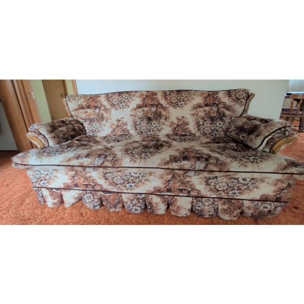 Vintage Upholstered Sofa with Ornate Wooden Accents