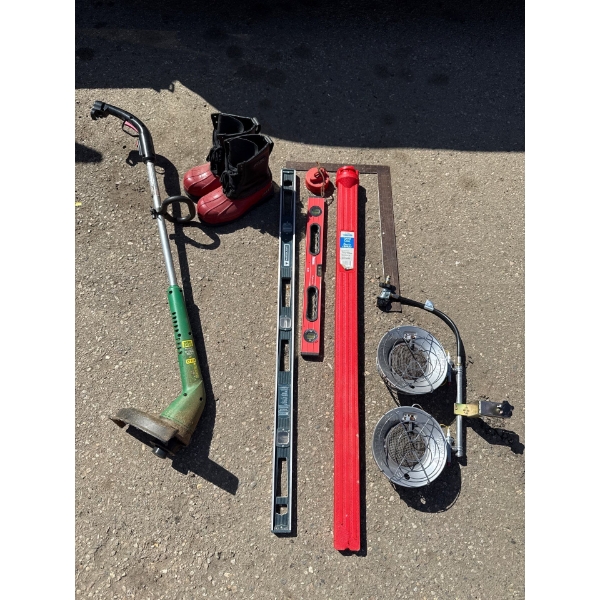 Propane heater element, electric weed eater, size 9 Acton boots, levels, square
