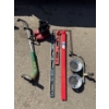 Image 1 : Propane heater element, electric weed eater, size 9 Acton boots, levels, square