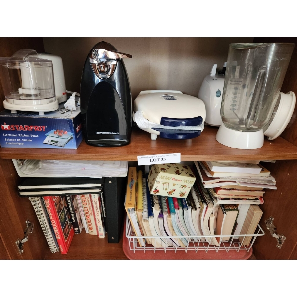 Small Kitchen Appliances and Assorted Cookbooks