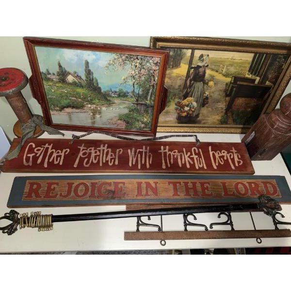 Home Decor Lot: Framed Prints, Signs, Spindle, Hardware