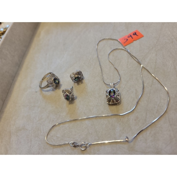 10K Stamped White Gold 3 Piece Jewlery Set with Opal Stones 8.1g
