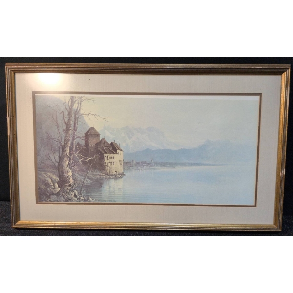 Framed Lithograph Print of the Castle of Chillon, 33 x 19.5 in