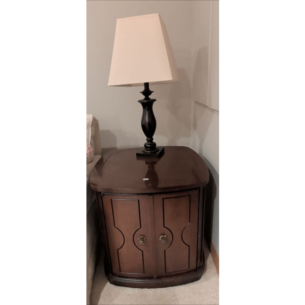 Vintage Mahogany Nightstand w/ Contents 20x24 & Matte Black Square Shade Lamp