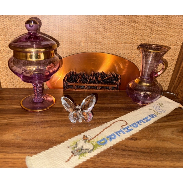 Amethyst Art Glass Pedestal Candy Dish & Jug w/ Swarovski Crystal Butterfly 4T & More
