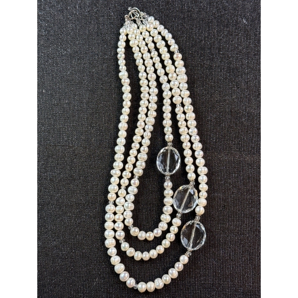 Triple Strand Fresh Water Pearl & Crystal Necklace