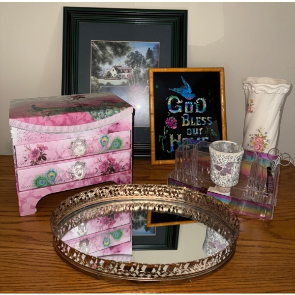 Desk Decor - Mirrored Tray Trinket Box China Vase & More