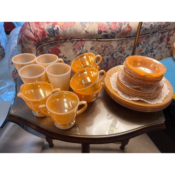  Fire King Collection vintage Anchor Hocking Peach Lustre 4 coffee, cups 4 tea, cups, cream, and sug