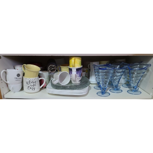 Assorted Dinnerware Includes: Plates, Mugs, Bowls, Dessert Sundae Cups