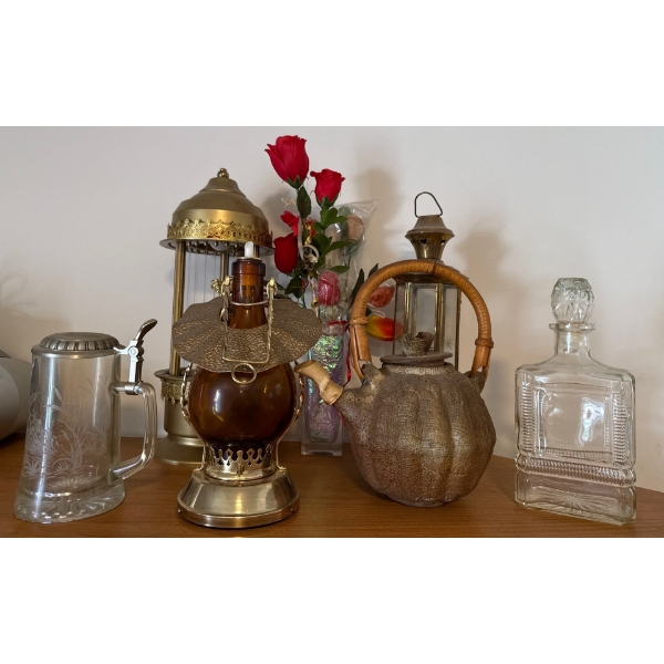 Antique Decorative Kitchen Collection - Metal Tea Pot Crystal Decanter & More 