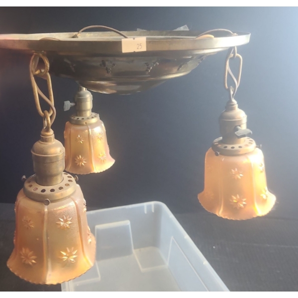 Vintage Ceiling Fixture w/ 3 Shades- Base: 13" Diameter, Glass: 5" Opening, 7 T (Shade and Socket)