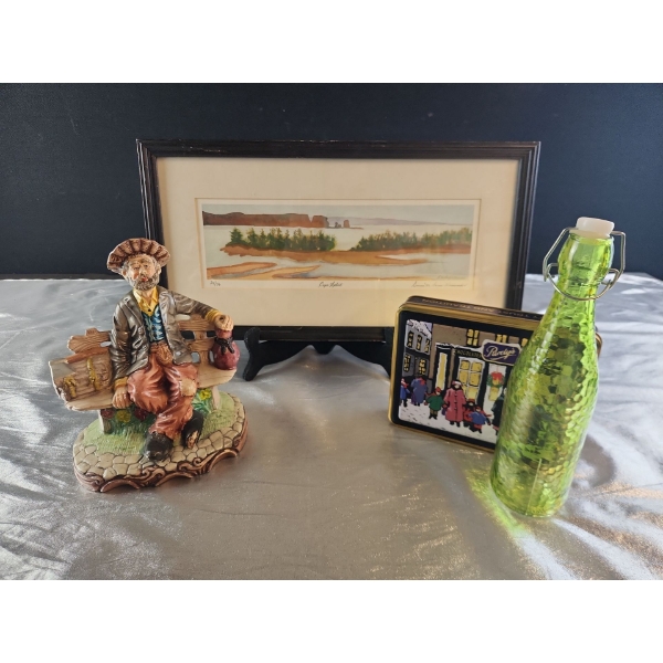 Decorative Delights- Porcelain Figurine, Decorative Bottle, Framed Landscape Bin, and a Tin
